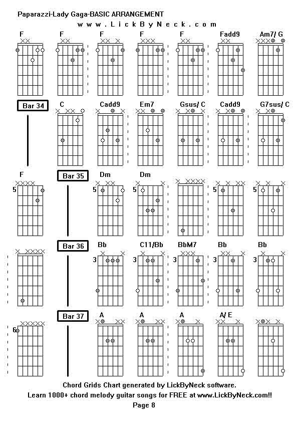 Chord Grids Chart of chord melody fingerstyle guitar song-Paparazzi-Lady Gaga-BASIC ARRANGEMENT,generated by LickByNeck software.